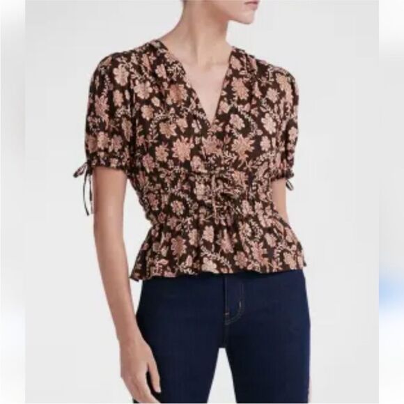 DEREK LAM 10 CROSBY | Rhea Puff Sleeve Floral Brown V-neck Top Women’s Size 0 - Picture 11 of 11